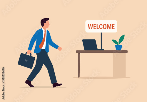 Start new job, onboarding new hire or begin career position, employee move to new office or opportunity, employment and recruitment concept, businessman starting new job walk to welcome office desk