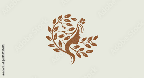 Elegant Woman Silhouette with Leaves and Flower Logo - Natural Beauty and Wellness Concept
