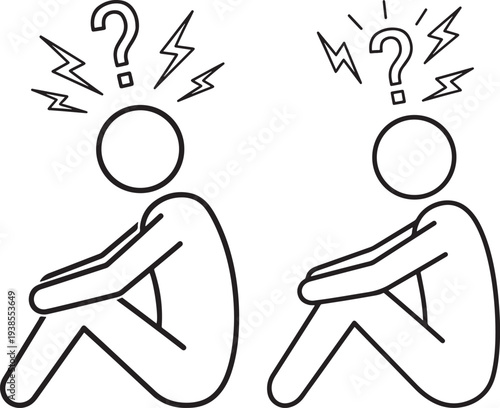 Two figures sitting with question marks and lightning bolts, line art, concept of confusion and thinking