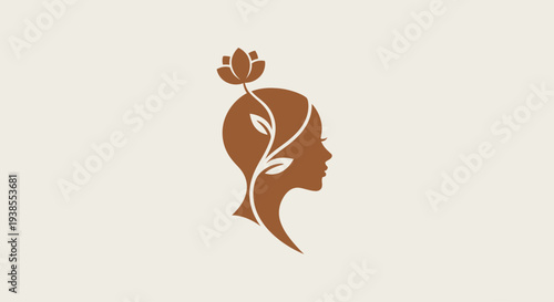 Profile Silhouette of Woman with Flower and Leaves Growing from Head