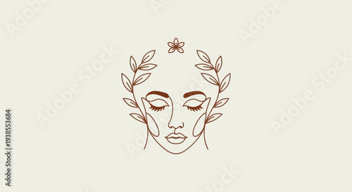 Minimalist outline drawing of a woman's face with closed eyes, adorned with leaves and a flower.