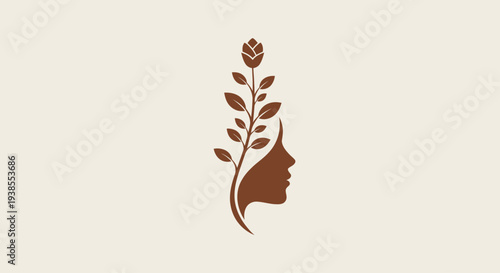 Silhouette of Woman's Face with Growing Plant and Flower Symbol