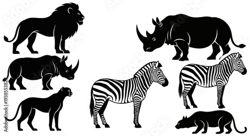 African Wildlife Silhouettes Collection: Lion, Rhino, Zebra, Leopard, Hippo Vector Graphics