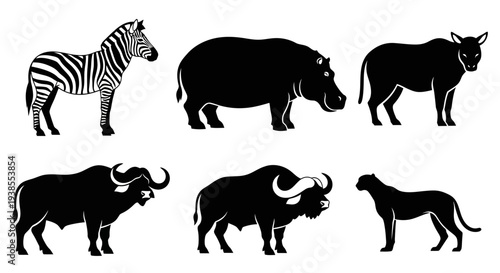African Wildlife Silhouettes Collection: Zebra, Hippopotamus, Wildebeest, Buffalo, and Cheetah
