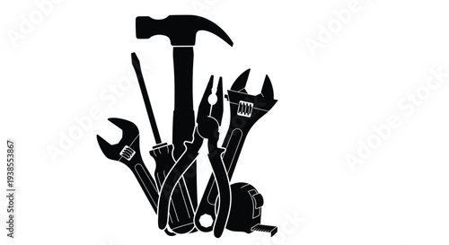 Black silhouette of various hand tools arranged on a white background