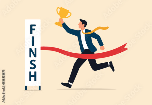  Success winning businessman, achievement, succeed performance or business victory, career success, goal or target accomplishment concept, success businessman running reach finish line with trophy.