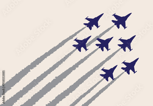 Minimal Fighter Jet Formation with Long Shadows – Military Aviation Aircraft Flight Vector Illustration