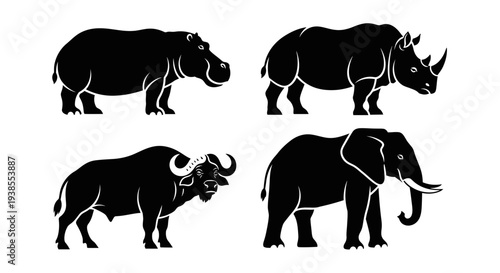 African Wildlife Silhouettes Set: Elephant, Rhinoceros, Hippopotamus, and Buffalo