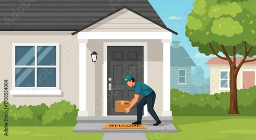 Reliable delivery service with a courier performing secure package drop-off at a suburban home door, showcasing modern e-commerce convenience
