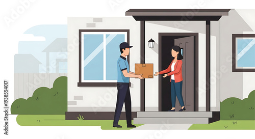 Delivery Person Hands a Package to a Woman at Her Front Door