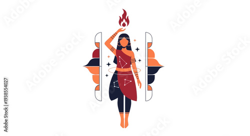 Mystic Woman conjuring fire, shamanic ritual, spiritual energy, celestial symbols
