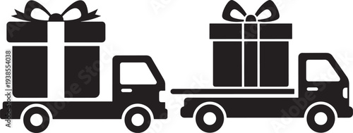 Gift delivery trucks icon set, two trucks carrying large wrapped presents, vector illustration