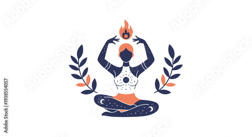 Woman meditating with fire above head, surrounded by laurel branches, cosmic pattern