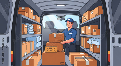 Delivery driver organizing boxes inside a van for efficient logistics and shipping services