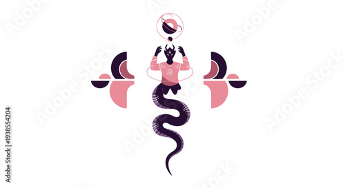 Mythical Serpent Creature with Celestial Orb and Geometric Design