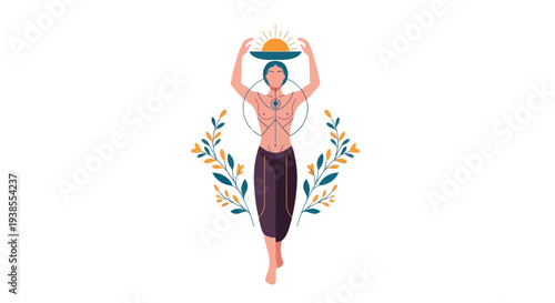 Woman carrying sun on head, surrounded by floral wreath, spiritual symbol, balance concept