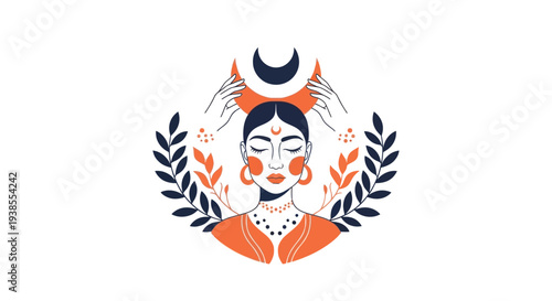 Boho Woman with Crescent Moon and Floral Elements