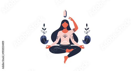 Woman meditating with crystals and plants, spiritual healing, yoga pose, calm mind