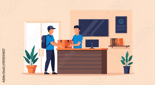 Delivery person handing over a package to an employee at a reception desk in an office