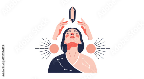 Woman receiving energy healing with crystal and celestial symbols