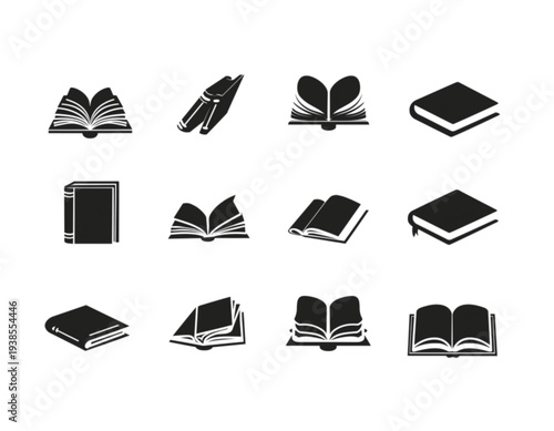 A collection of black and white vector icons depicting various book illustrations