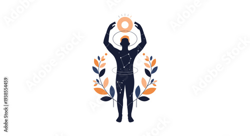 Silhouette Man Holding Sun Aura Stars Cosmic Balance Nature Elements
