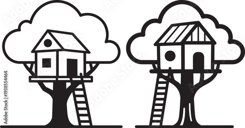 Treehouse icon set, simple houses on trees with ladders, vector illustration