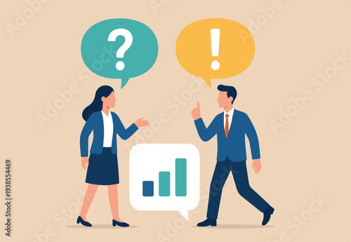 Question and answer, Q&A session, FAQ, frequently asked questions, discussion to get solution to solve problem, brainstorm conversation or quiz concept, businessman and woman ask and answer questions.