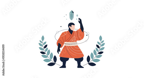 Mysterious man in orange robe conjuring crystals with magical aura and laurel wreath