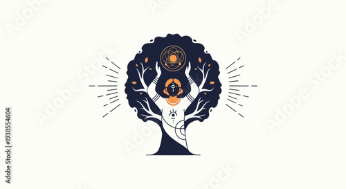 Mystical Tree of Life with Cosmic Symbols and Hands, Spiritual Growth, Enlightenment