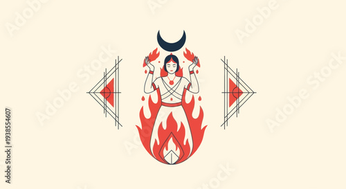 Mystical Woman in Flames with Moon and Geometric Symbols