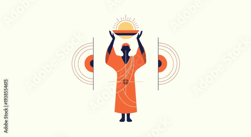 African Woman Offering Sun Bowl, Abstract Art, Ethnic Culture, Spirituality