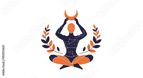 Cosmic Meditation: Figure in Lotus Pose with Crescent Moon and Star Constellations