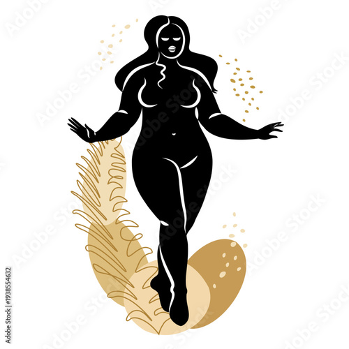 Silhouette of a slender naked woman and plant leaves. The girl is standing, she is overweight. The lady is full of beauty and sexuality. Vector illustration.