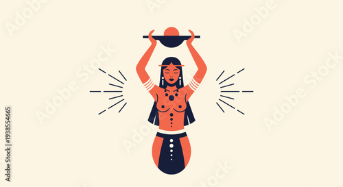 Indigenous Woman Carrying Water Bowl on Head, Tribal Culture, Flat Design