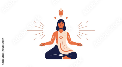Person meditating with chakras, crystals, and radiating energy