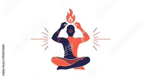 Person meditating with fire aura, spiritual enlightenment, inner peace, balance, energy