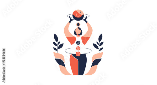 Woman Balancing Chakras and Celestial Orbs, Spiritual Energy Flow