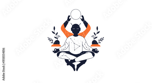 Meditating Figure with Celestial Constellation and Lunar Symbol