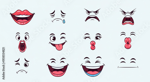 Collection of Expressive Cartoon Faces and Mouths.