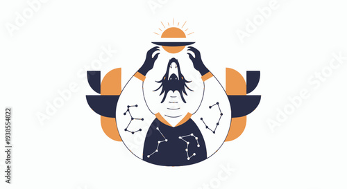 Celestial Being Holds Sun, Surrounded by Constellations and Geometric Shapes