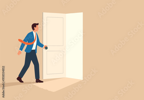 Open the door to find new opportunity, new job or get out of comfort zone, hope to find success, way to exit, escape to bright future concept, businessman open the door to see bright light coming in.