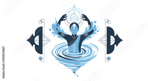 Mystical Figure in Water Vortex Holding Celestial Sphere
