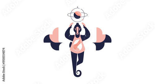 Mysterious figure balancing celestial orb, abstract cosmic art, deep space concept