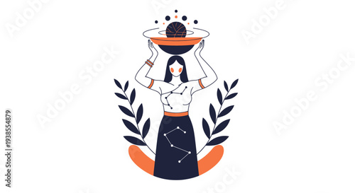 Woman carrying celestial sphere, cosmic balance, astrological illustration
