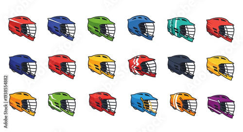 Collection of Colorful Lacrosse Helmets Displayed in Rows.