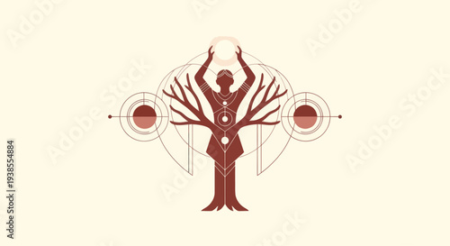 Mystical Tree of Life Human Figure with Celestial Circle and Geometric Design