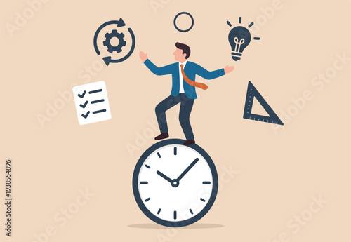  Project management process to manage and develop with resources to deliver quality product, agile development cycle, businessman project manager balance on clock juggling project management elements.