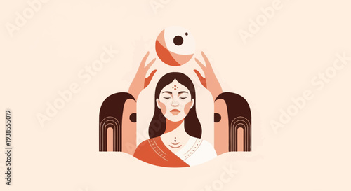 Woman Meditating with Hands and Moon Symbol, Spiritual Healing, Inner Peace