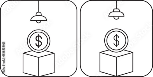 Financial Spotlight Icon: Dollar Coin on Pedestal Illuminated by Lamp, Concept of Value, Investment, and Business Success in Modern Outline Style